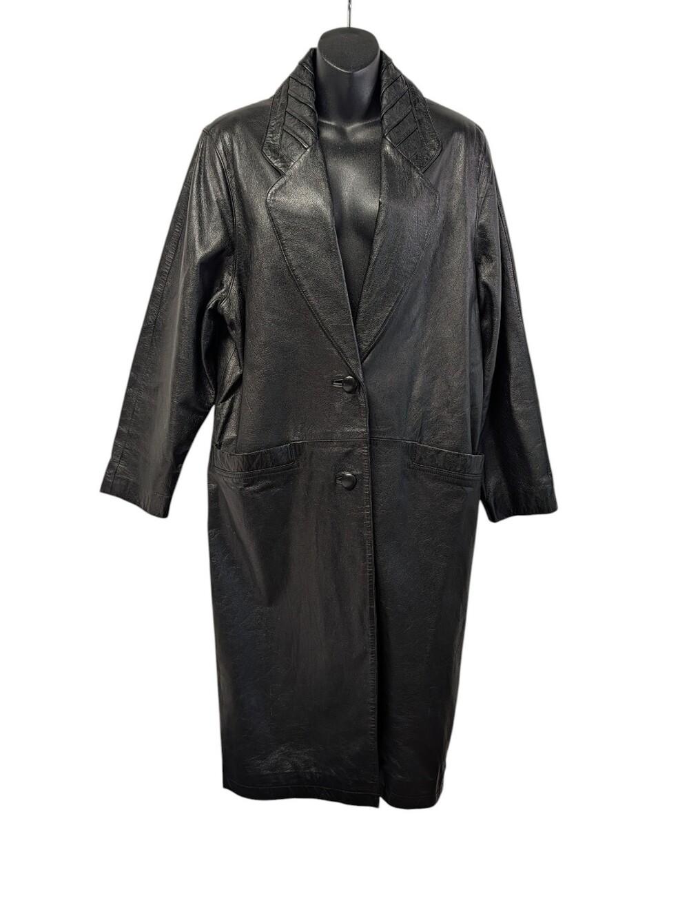 Charles Klein Women's Black Genuine Leather Long Trench Coat Jacket Size M Vtg